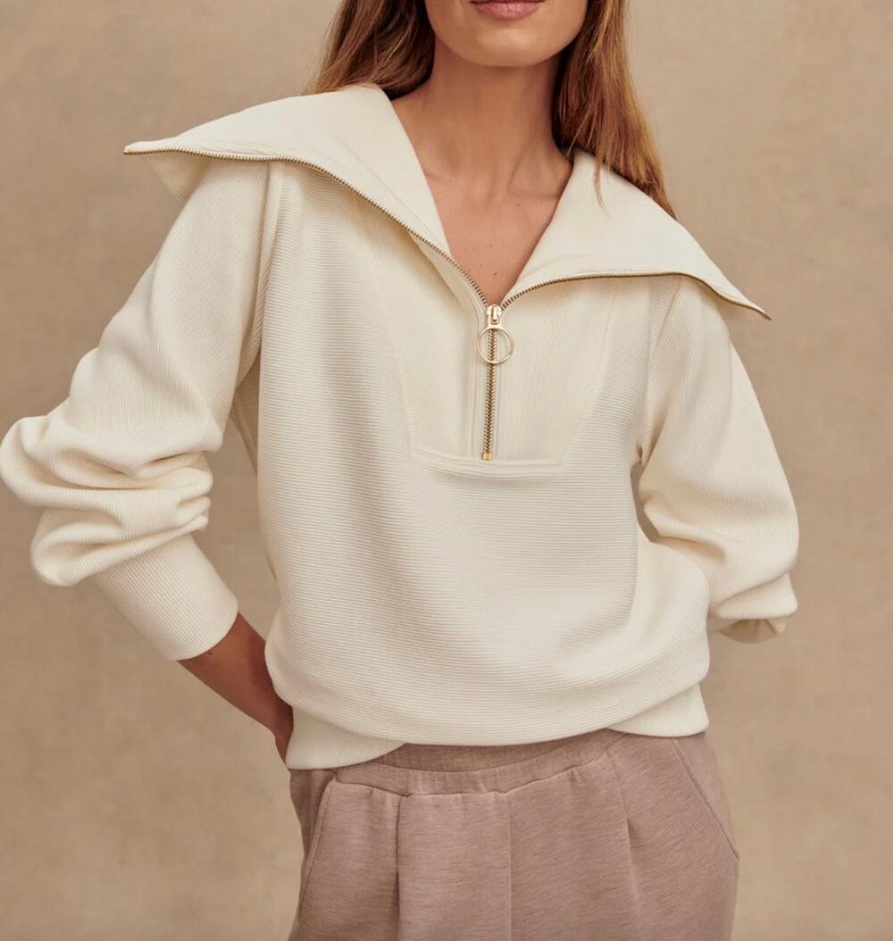 NWT Varley Vine Half Zip Ribbed Pullover Oversized Sweatshirt Ivory Cream Large